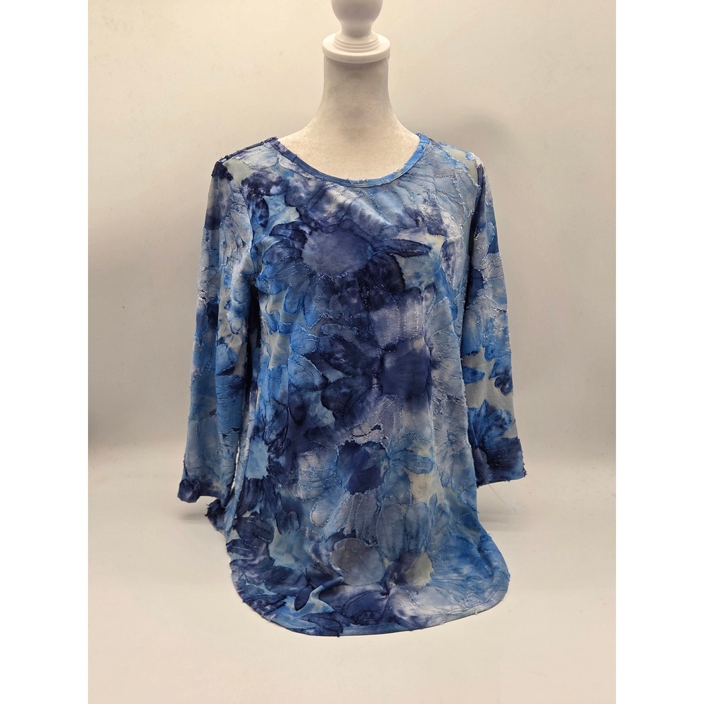 Karen Kane Blue Floral Textured 3/4 Sleeve Tunic Top Size S 101-913